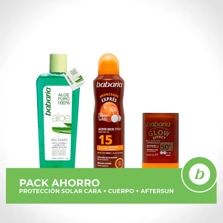BABARIA Pack ahorro protección solar - Contiene Stick Facial Glow 20ml + Bruma Aceite Seco SPF15 + Bálsamo Reparador de Aloe 250ml - 1