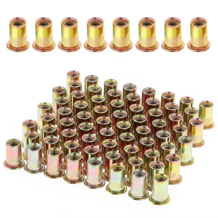 100 piezas M6 tuerca remachable roscada de cabeza plana, tuercas remachables roscadas de acero al carbono galvanizado, insertos roscados de remache M6 surtidos para metal y plástico (12 mm x 15 mm) - 1