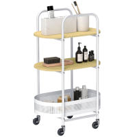 HOMCOM Carrito Auxiliar con Ruedas Carrito de Cocina de 3 Niveles Carro de Almacenamiento con Cesta y Estantes Carga 30 kg para Comedor Salón Dormitorio 49,5x32,5x82,5 cm Blanco y Madera Natural - details 0