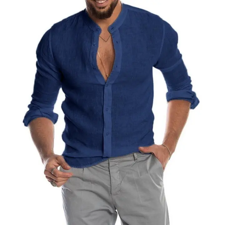 Camisa Casual Para Hombre De Manga Larga Cuello Erguido Color Sólido Material De Algodón Estilo Clásico Para Primavera Y Otoño - 1