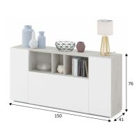 Meimon LOIRA Aparador 3 puertas en melamina E1 con estantes interiores regulables, zona central abierta en acabado madera, pistones 60Nw, bisagras metálicas, trasera MDF lacada, patas ABS ocultas. Medidas: 150x41x76 cm. Blanco Artik - details 2