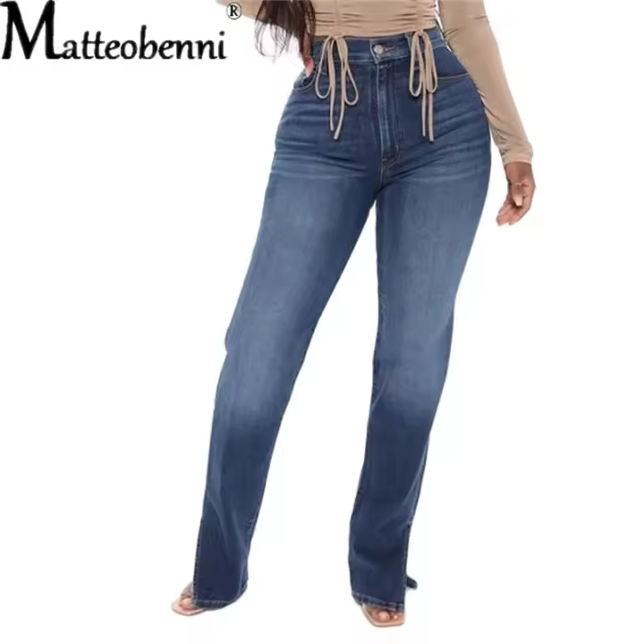 Jeans De Mujer Alta Cintura Casual Otoño 2024 Vaqueros Vintage Con Abertura Larga Pierna Ancha Estilo Callejeo Tejido Suave Suelta - 1