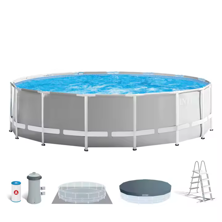 INTEX - Piscina desmontable redonda Prism Frame de hasta 6 metros de diámetro, incluye depuradora, tapiz, cobertor y escalera, color gris, resistente y duradera, +6 años, 45-60 min. montaje, piscinas desmontables grandes, piscinas familiares - 1
