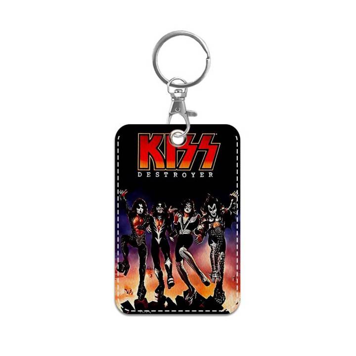 Hard Rock Band K-Kiss Rectangle ID Card Case Keychain Access Card Bag Key Tag Ring Leather Card Holder Key Ring Access