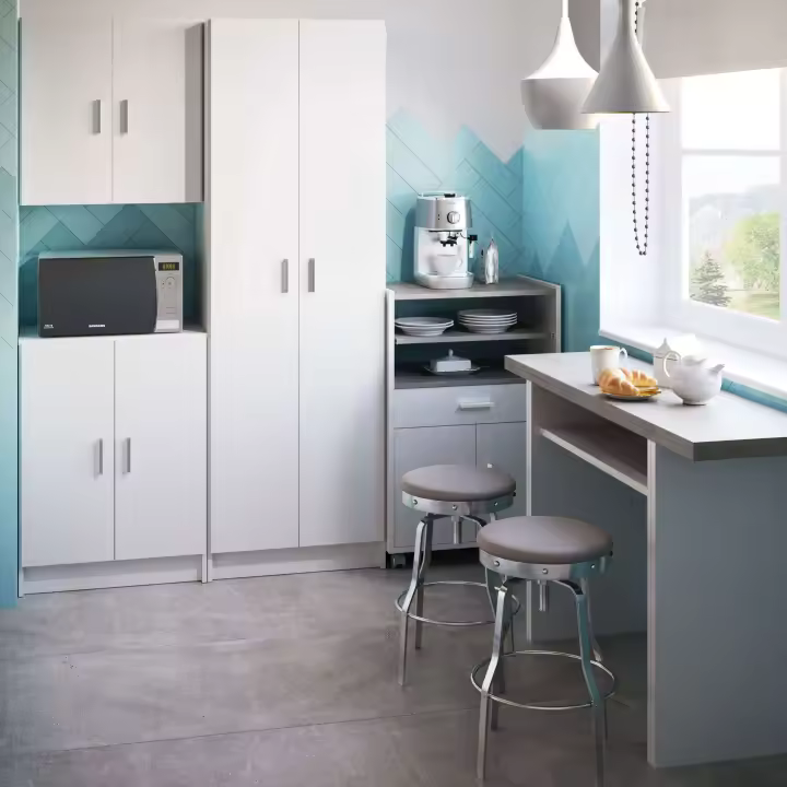 Miroytengo Muebles Cocina Blancos Y Gris Moderno (3 Armarios + Carrito Microondas + Mesa Plegable) - 1