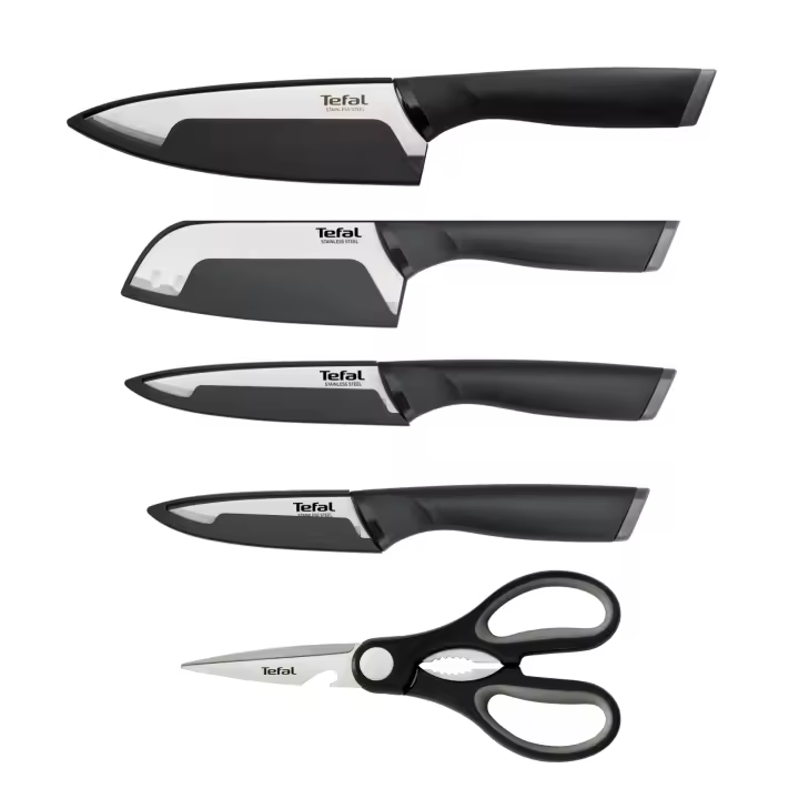 Tefal Comfort, 4 cuchillos y unas tijeras, pelador 9 cm, chef 15 cm, multiusos 12 cm, santoku 12 cm y tijeras para cortar, rebanar y picar todo tipo de fruta, verdura y carne, hoja de acero inoxidable, corte de alto rendimiento, mango ergonómico - 1