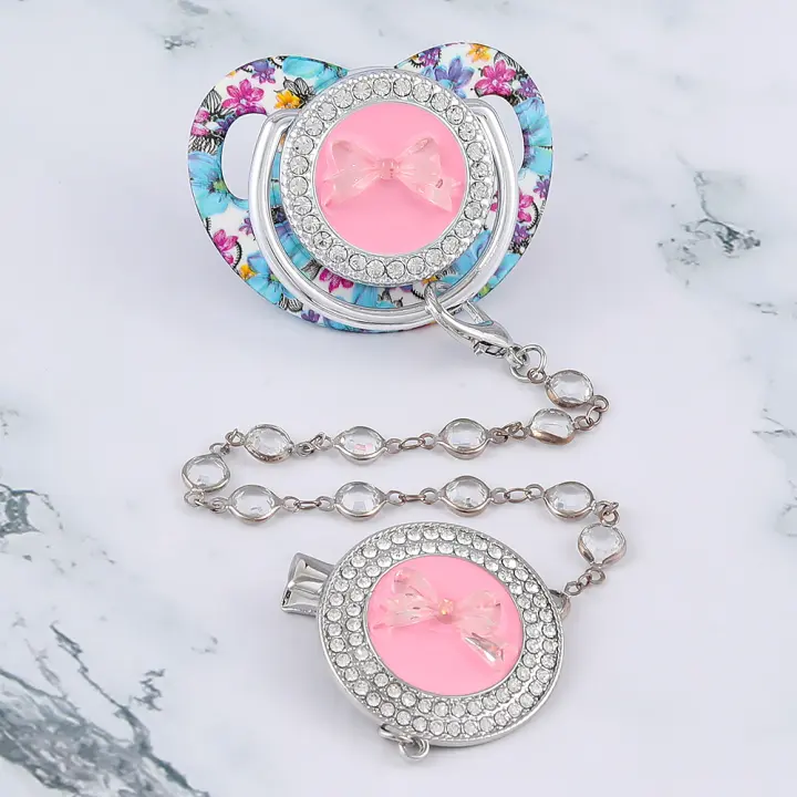 Paracailes De Bebé Lujo Con Lazo Bonito Y Cadena Hecha a Mano Para Recién Nacidos Chupete De Silicona Dorado Brillante Infantil Sin BPA - 1