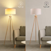 Aigostar lampara de pie salon vintage de madera trípode, lampara de pie con pantalla de lino e interruptor de pie, compatible con bombillas E27(Max.60W), madera maciza, estilo nórdico - details 4