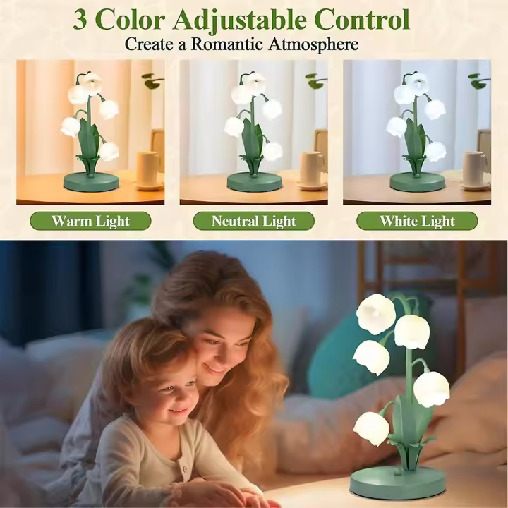 Vintage Flower Table Lamp for Home, 5 Lily of the Valley Bedside Lamps 3 Color Modes Nightstand Lamp for Bedroom EU Plug - 1