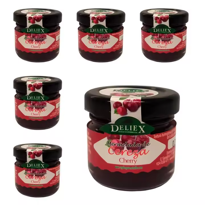 Deliex delicias de Extremadura. 60 Mermeladas pequeñas sabor cereza. Miniaturas de mermeladas en tarro de cristal 30 gr para detalles a invitados en bodas, comuniones, bautizos (Cereza, 60 Tarros) - 1