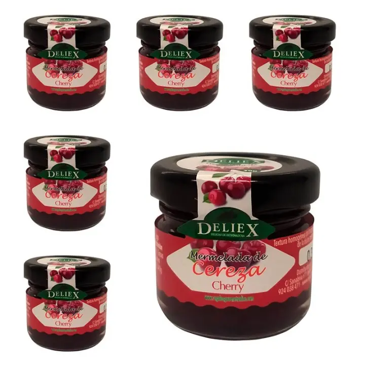 Deliex delicias de Extremadura. 60 Mermeladas pequeñas sabor cereza. Miniaturas de mermeladas en tarro de cristal 30 gr para detalles a invitados en bodas, comuniones, bautizos (Cereza, 60 Tarros) - 1