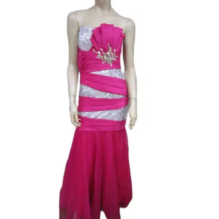 Sin marca Vestido de fiesta en rosa fucsia , de tul y raso con pedreria y lentejuelas, corte sirena, cierre de cremallera - 1