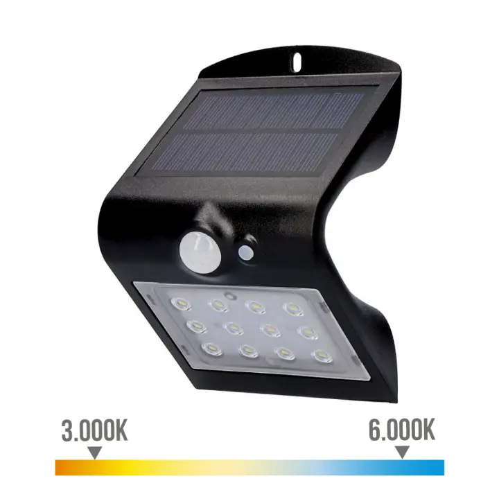 Aplique solar 1,5w 220lm recargable. sensor de presencia (2-6m) color negro 9,6x7,3x14cm edm - 1