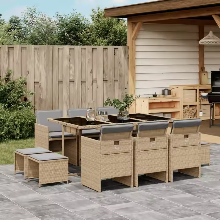 vidaXL Set comedor de jardín 11 pzas con cojines ratán sintético beige - 1