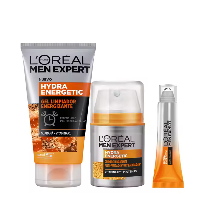 L'Oréal PArís | Rutina Men Expert Hydra Energetic Crema Hidratante Anti-Fatiga 24h para hombres con Vitamina C y Proteínas - 50 ml + Limpiador facial 100ml + Roll-on Ojos 10ml - 1