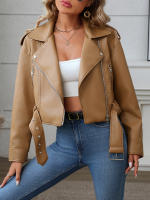 Chaqueta De Cuero PU Para Mujer Fitaylor Cierre De Cremallera Estilo Casual Con Cinturón Biker Primavera Otoño Corta - details 2