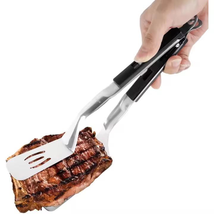 Espátula con abrazadera para parrilla, pinzas de acero inoxidable de 11,6 pulgadas de largo con mango extendido, antiescaldaduras para voltear alimentos (negra) - 1