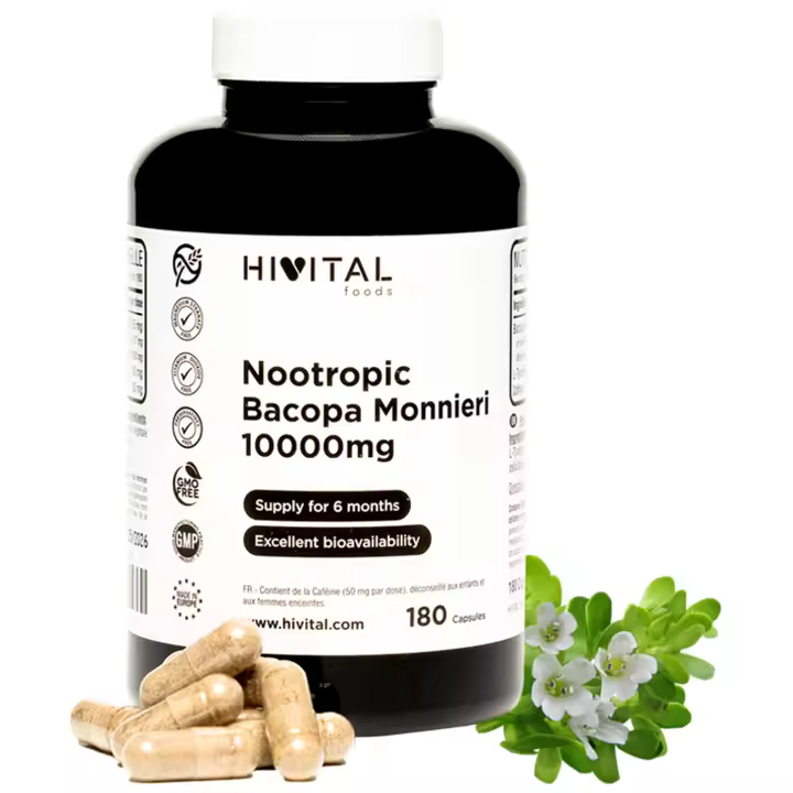 Nootrópico Bacopa Monnieri 10000 mg. 180 cápsulas para 6 meses de tratamiento. Nootropic Natural que incrementa la memoria, la concentración, la energía y la agilidad y rendimiento mental. Con Cafeína. HIVITAL - 1