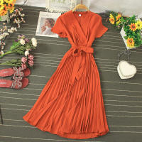 Nuevo Vestido De Verano 2026 Para Mujer Estilo Casual Con Cuello En V Manga Corta Lace up Pleated Chiffon Vestido De Cintura Alta - details 2