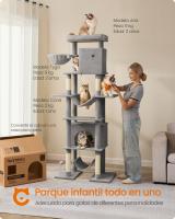 Árbol Grande para Gatos de 201 cm, Rascador Multinivel con Plataforma, Cesta, 2 Casas y 2 Hamacas, Color Gris Claro - details 1