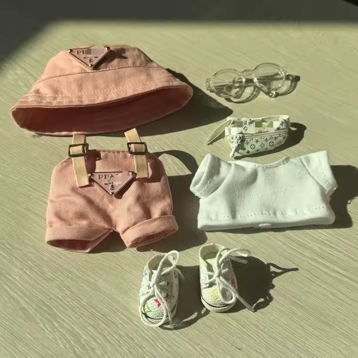 Ropa de diseñador Labubu, conjunto de lujo Labubu: mono rosa con sombrero, camiseta blanca, gafas y zapatos - 1