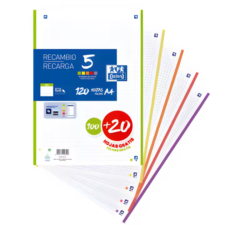Oxford Hamelin Recambio Oxford A4 Paquete - 4x4 - 100+20 Hojas - Scribzee Classic 5 Colores Vivos - Ideal para Archivador de Anillas - 1