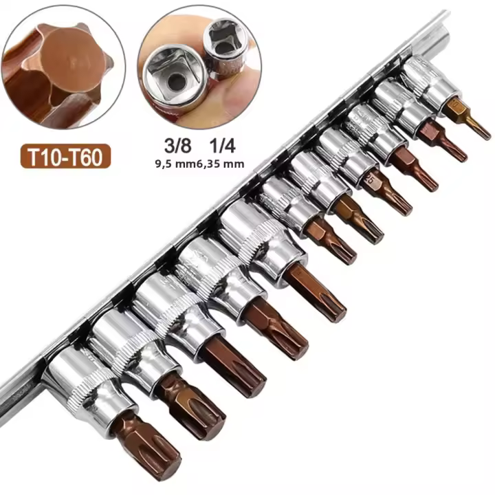 Juego De 11 Piezas De Juego De Herramientas Torx Y Destornilladores Con Adaptador De Destornillador 3/8+1/4 Pulgadas T10/T15/T20/T25/T27/T30/T40/T45/T50/T55/T60 - 1