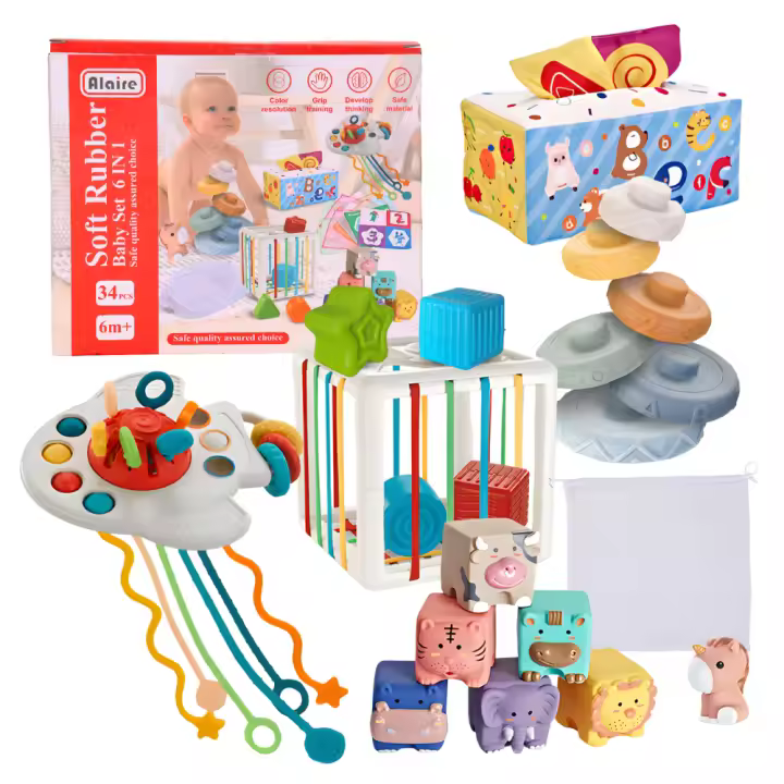 Babybaipro-Set de Juguetes Montessori Sensoriales y Educativos para Bebés, Niño-Niña, 6 en 1: Bloques Apilables, Caja Pañuelos. Regalo Nacimiento, Cumpleaños, 6 a 36 Meses, 2 años No tóxico 34 Piezas - 1