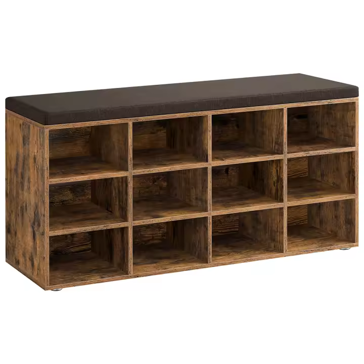 VASAGLE Banco Zapatero, Zapatero con Asiento, con Cojín y 12 Compartimientos, Estantes Ajustables, para Entrada, Sala de Estar, 30,3 x 104 x 48 cm, Blanco Clásico/Marrón Rústico/Marrón Camello/Beige Natural - 1