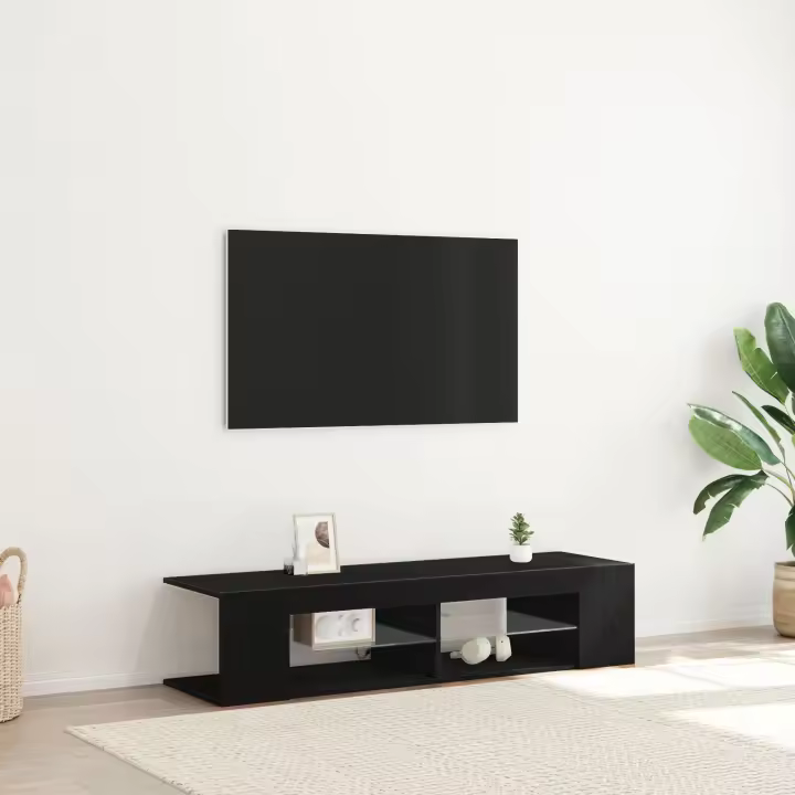 Mueble para TV vidaXL con luces LED en color negro y roble, de 135x39x30 cm, hecho de madera - 1