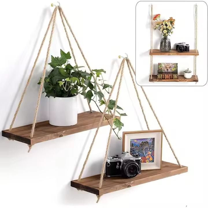 1PC Estante Colgante De Madera Con Correa De Lino Decoración De Pared Para Sala De Estar Y Jardín Soporte Para Macetas De Plantas Estilo Clásico Posmodernista - 1
