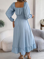 Vestido Largo Elegante De Verano Con Cuello Cuadrado Y Mangas Largas Para Damas De Honor Vestido De Mujer Con Borde Volante Y Cintura Alta - details 19