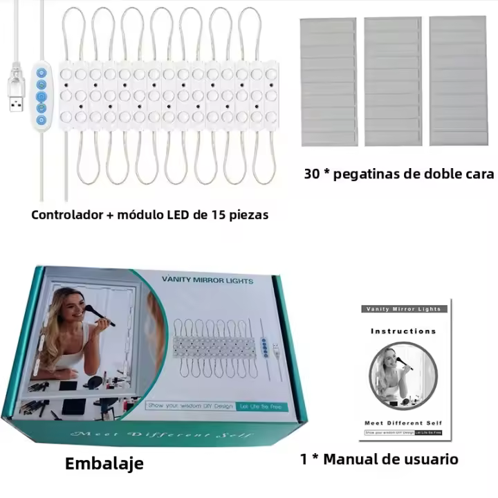 Espejo De Maquillaje Con Luces LED USB 5V Iluminación Ajustable De 5 Colores Para Baño Y Mesa De Vestir Hollywood LED - 1