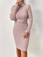 Vestido De Punto Ajustado Cuello Alto Para Mujer Estilo De Otoño E Invierno Vestido Casual De Rodilla Alta Material De Poliéster - details 2
