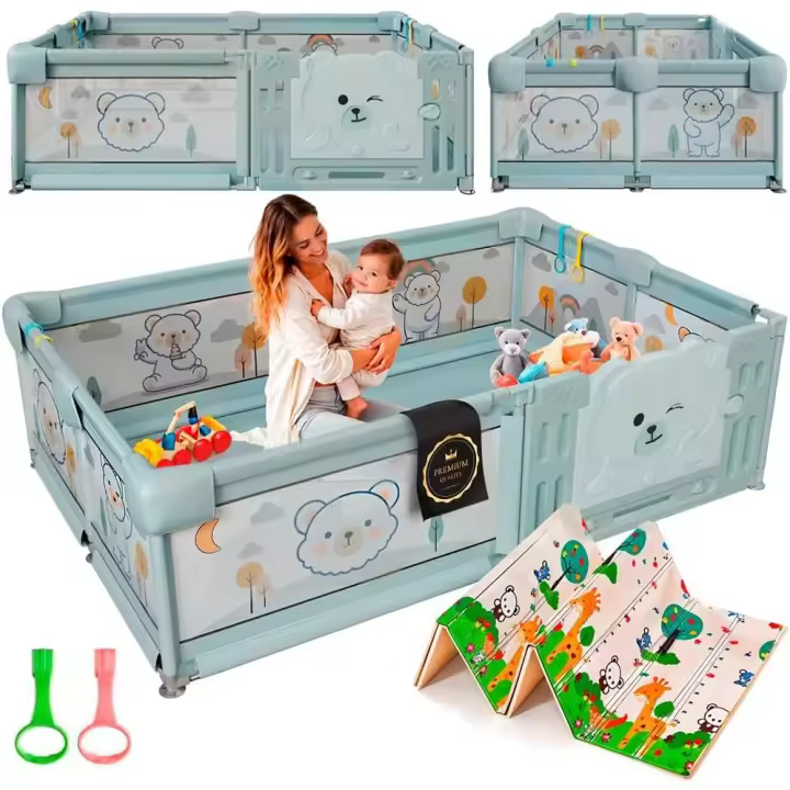 DeFieltro Parque Infantil Bebe 120x180 cm EXTRAFUERTE - Corral para Bebe Plegable FÁCIL Montaje- Corralito Bebe Acolchado y Zona de Juegos - Cuna Parque Bebe Grande Colchon +2 Agarraderas - 1
