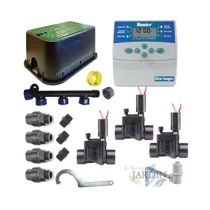 HUNTER Pack RIEGO AUTOMATICO Hunter Irrigation 24V, 3 Zonas de Riego para tuberia de 32mm - 1