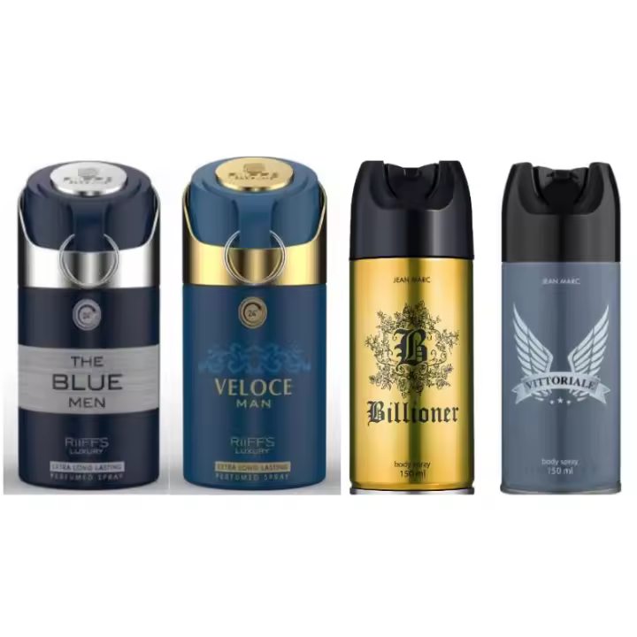 PACK 4 DESODORANTES HOMBRE DE RIFFS (700ML)--- THE BLUE MEN 250 ml, VELOCE MEN 250 ml Y BILLIONER 100ML Y VICTTORIALE 100ML------ MARCA RIFF y jean marc - 1