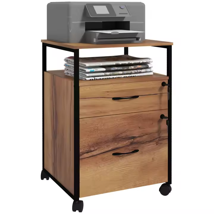 Vinsetto Cajonera de Oficina con Cerradura Armario Archivador Móvil con Ruedas 2 Cajones Barra Colgante para Tamaño Carta A4 y 2 Llaves 44x40x66,5 cm MarrónRústico - 1