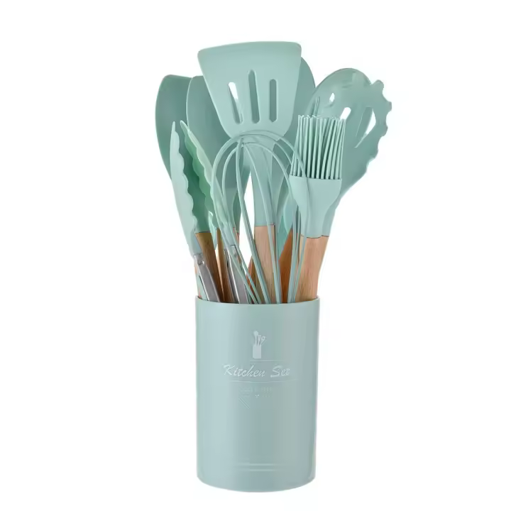Juego De Utensilios De Cocina Ecológicos De Silicona 12PCS With Mango De Madera Espátula Pala Batidoras De Huevo Herramientas De Cocina No Adherentes - 1