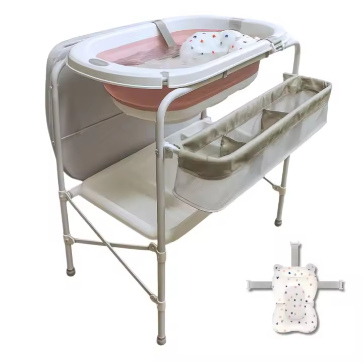 BATHBY Bañera bebé con patas Multifuncional 5en 1 · Plegable con Soporte · con Cojín Antideslizante · Cambiador · Bandejas Organizadoras · Desagüe con Tubo y Soporte para Ducha (Rosa Pro) - 1