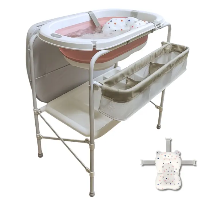 BATHBY Bañera bebé con patas Multifuncional 5en 1 · Plegable con Soporte · con Cojín Antideslizante · Cambiador · Bandejas Organizadoras · Desagüe con Tubo y Soporte para Ducha (Rosa Pro) - 1