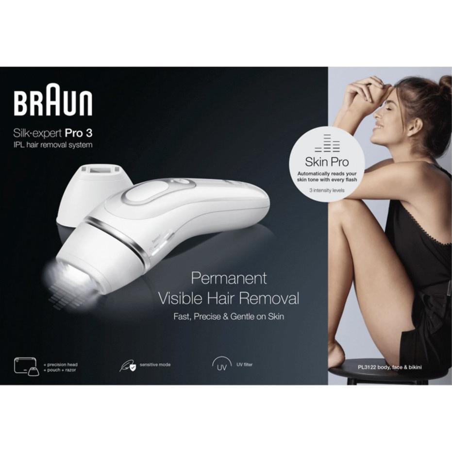 Braun Luz Pulsada Silk-expert Pro 3 Depiladora IPL. Eliminación Del Vello En Casa, Alternativa Para Depilación Láser, Con Funda, Maquinilla De Depilación Venus, 2 Cabezales, Regalo Para Mujer, Blanca/Plateada