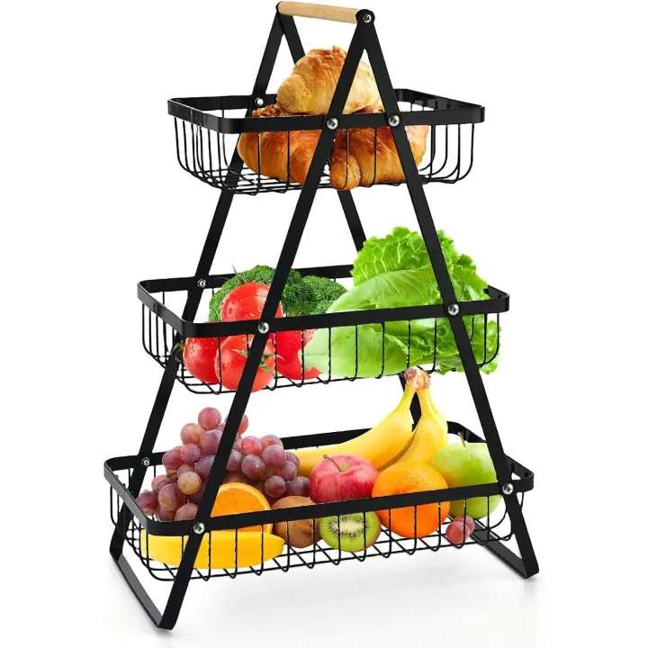 Mostrador de cocina multifuncional de cesta de frutas de tres pisos con mango de madera y estante de almacenamiento del restaurante para el almacenamiento de frutas, verduras y pan - 1