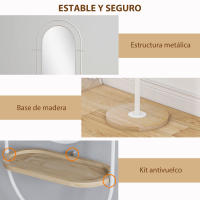 HOMCOM Espejo de Cuerpo Entero 175,5x50 cm Espejo de Pie con Bandeja de Madera 4 Ganchos y Marco de Metal para Salón Dormitorio Blanco - details 5