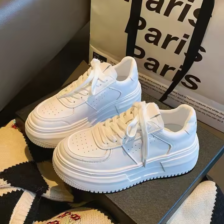 Nuevas Zapatillas De Deporte Para Mujer 2024 Cuero PU Blanco Transpirables Zapatos De Plataforma Planos Para Caminar Y Correr - 1