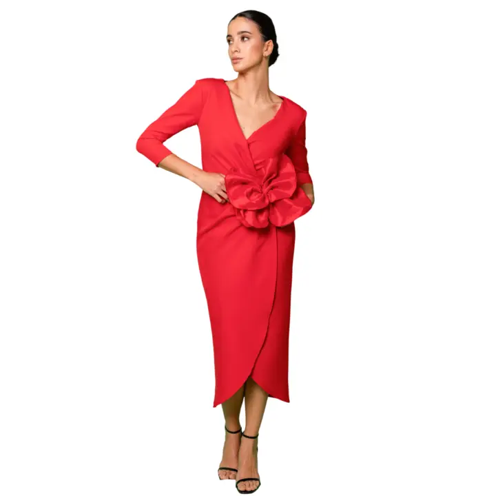 Cayma Closet - Vestido Mirella, Tejido Bielástico, Disponible en 3 Colores Distintos, Cremallera Invisible, Detalle Flor, Corte Midi, Elegante, Entallado y de Manga Abullonada, para Fiesta o Evento, Vestido para Invitada de Boda - 1