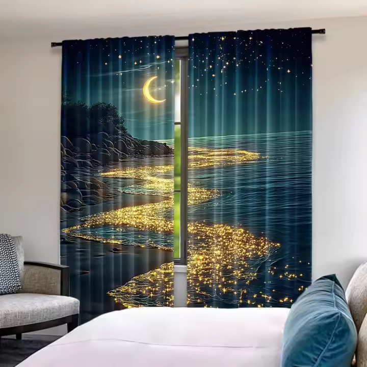 2Pcs Cortinas De Playa Con Luz Láctea Oceánica Mar De Olas Estelar Noche Azul Fantasía Ventanas Translúcidas De Poliéster 100% - 1