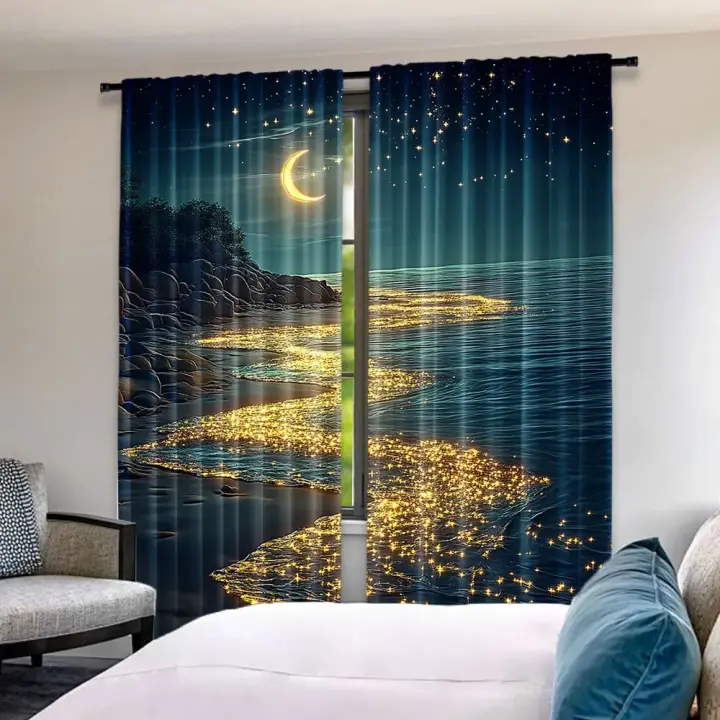 2Pcs Cortinas De Playa Con Luz Láctea Oceánica Mar De Olas Estelar Noche Azul Fantasía Ventanas Translúcidas De Poliéster 100% - 1