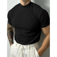 Camiseta De Hombre Elástica Y Cómoda Para Primavera Y Verano Con Cuello Alto Y Rayas Camiseta Deportiva Casual Con Mangas Cortas Para Fitness - details 2