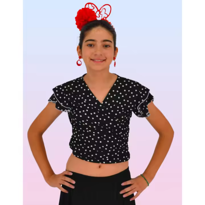top cruzado de niña con volantes en los hombros y estampado en topos blancos anuka - 1